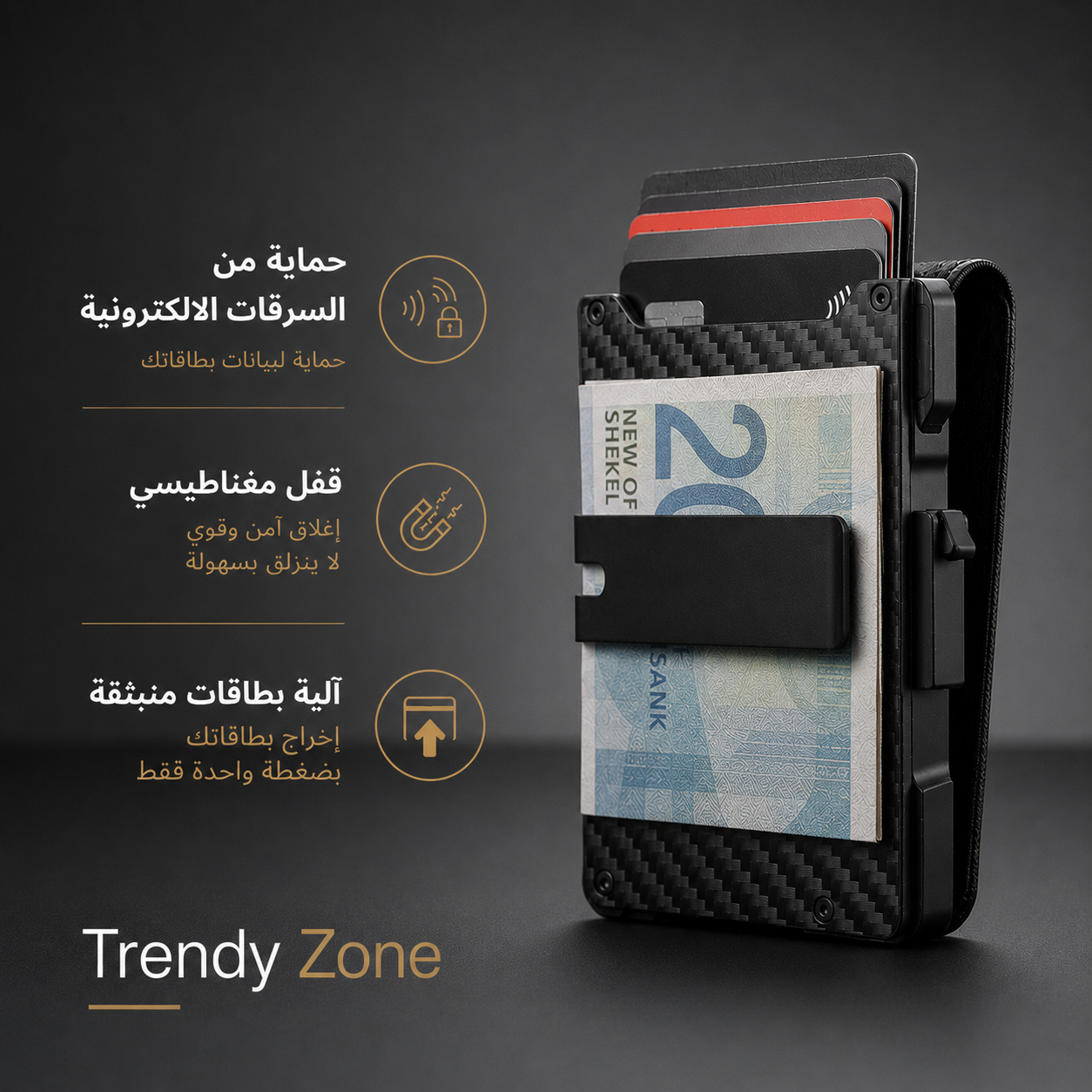 Black wallet with card slots and money clip on a dark background, featuring 'Trendy Zone' branding.